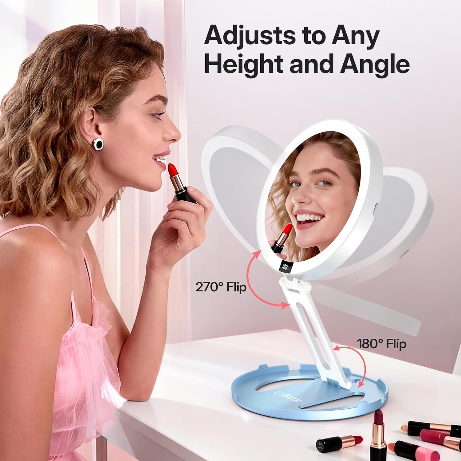 LitBear Travel Mirror with Lights, Foldable 10X/1X Magnifying Mirror, Rechargeable & Portable Lighted Makeup Mirror for Beauty, 3 Color Lighting, Dimmable Touch Screen, Smart Display (Sky Blue)