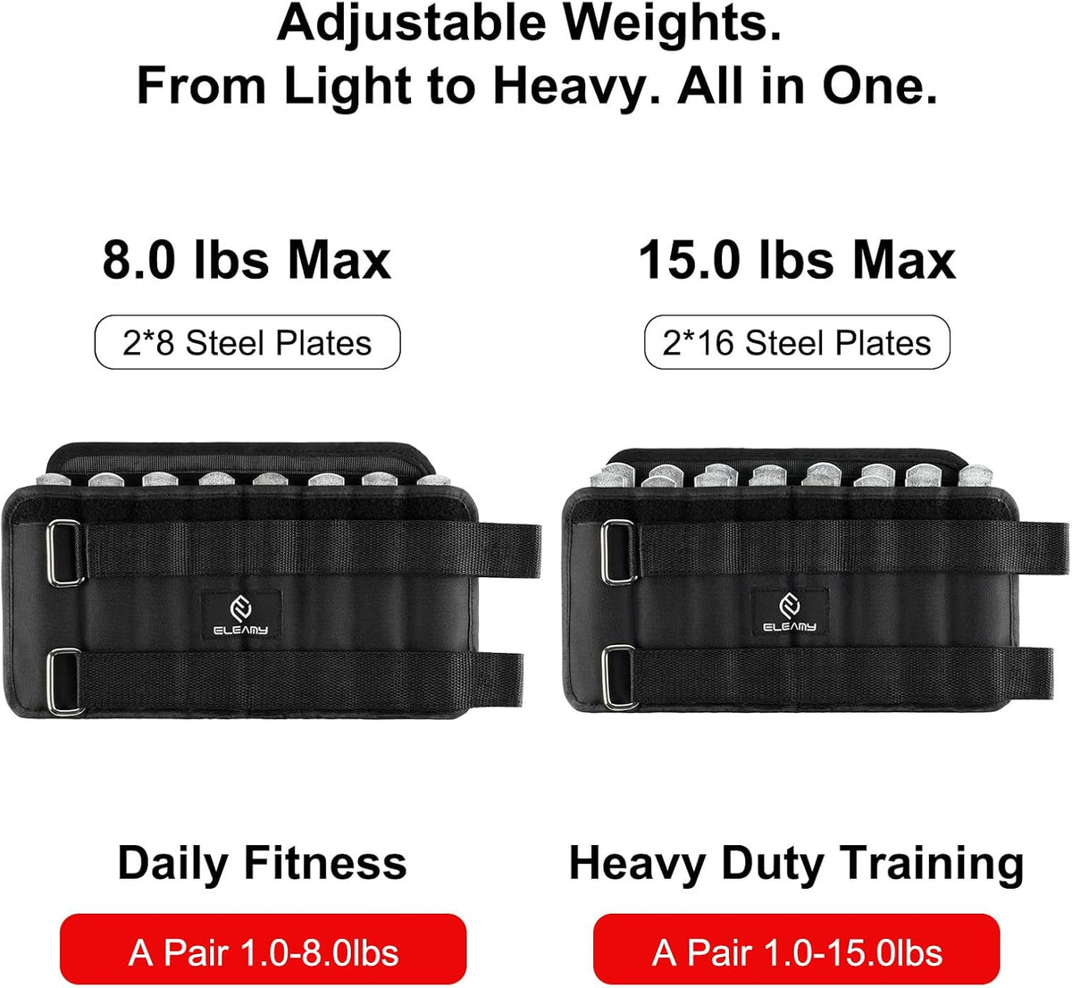ELEAMY Adjustable Ankle Weights for Women & Men - 1-8/15lb Pair - Black