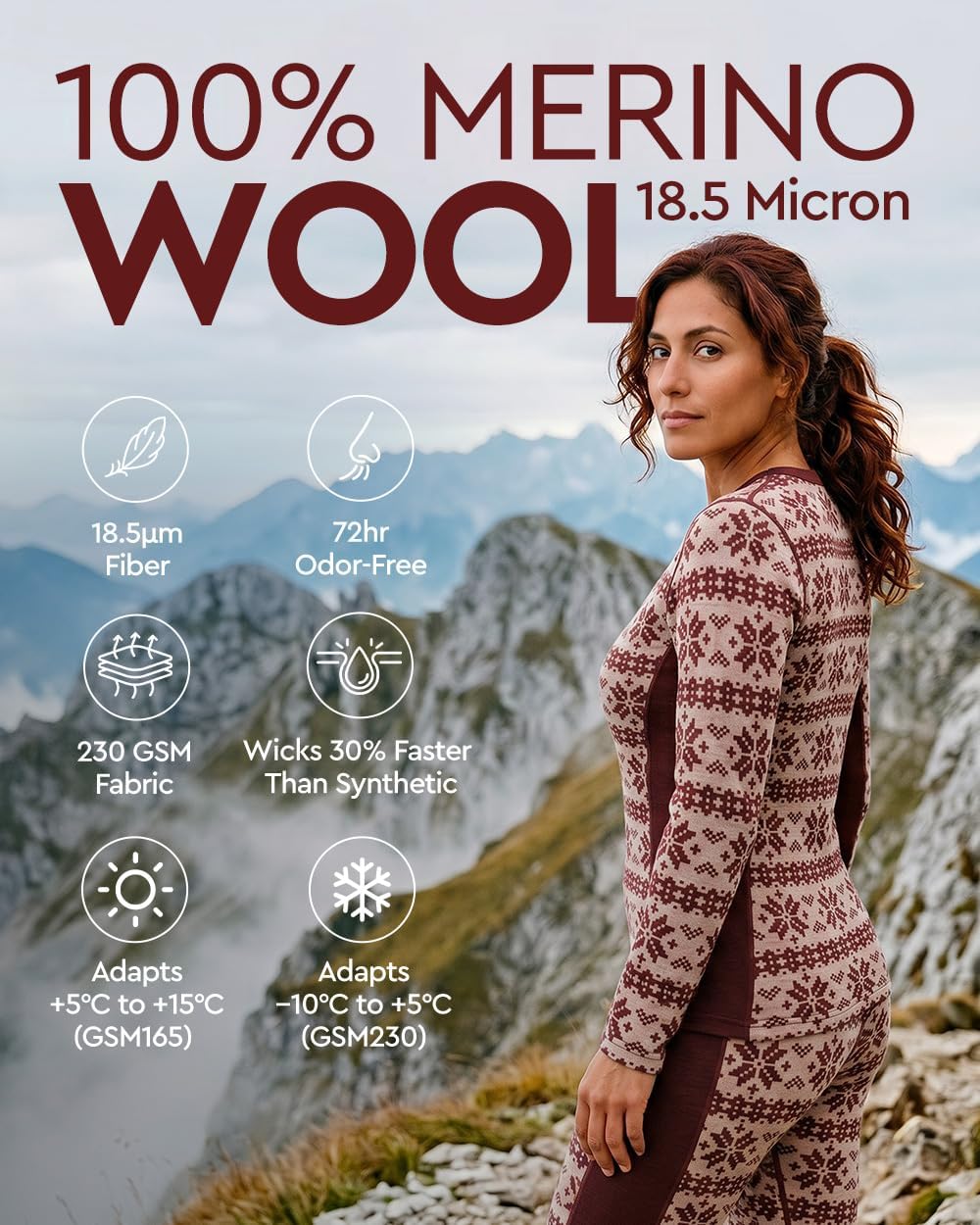 100% Merino Wool Base Layer Set Women - Thermal Underwear Long Johns PJs