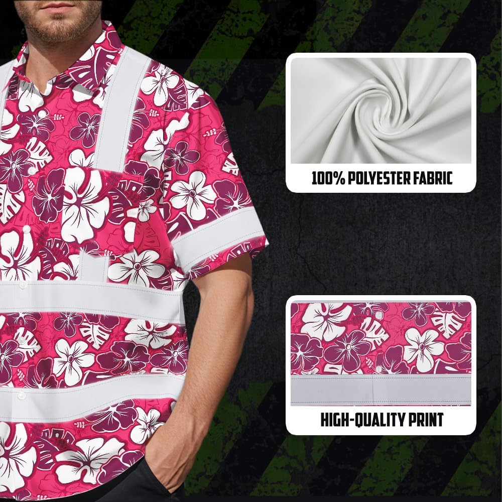 High Visibility Hawaiian Shirt for Men Tropical Shirts Custom Name Floral Outfit Reflective Safety Workwear