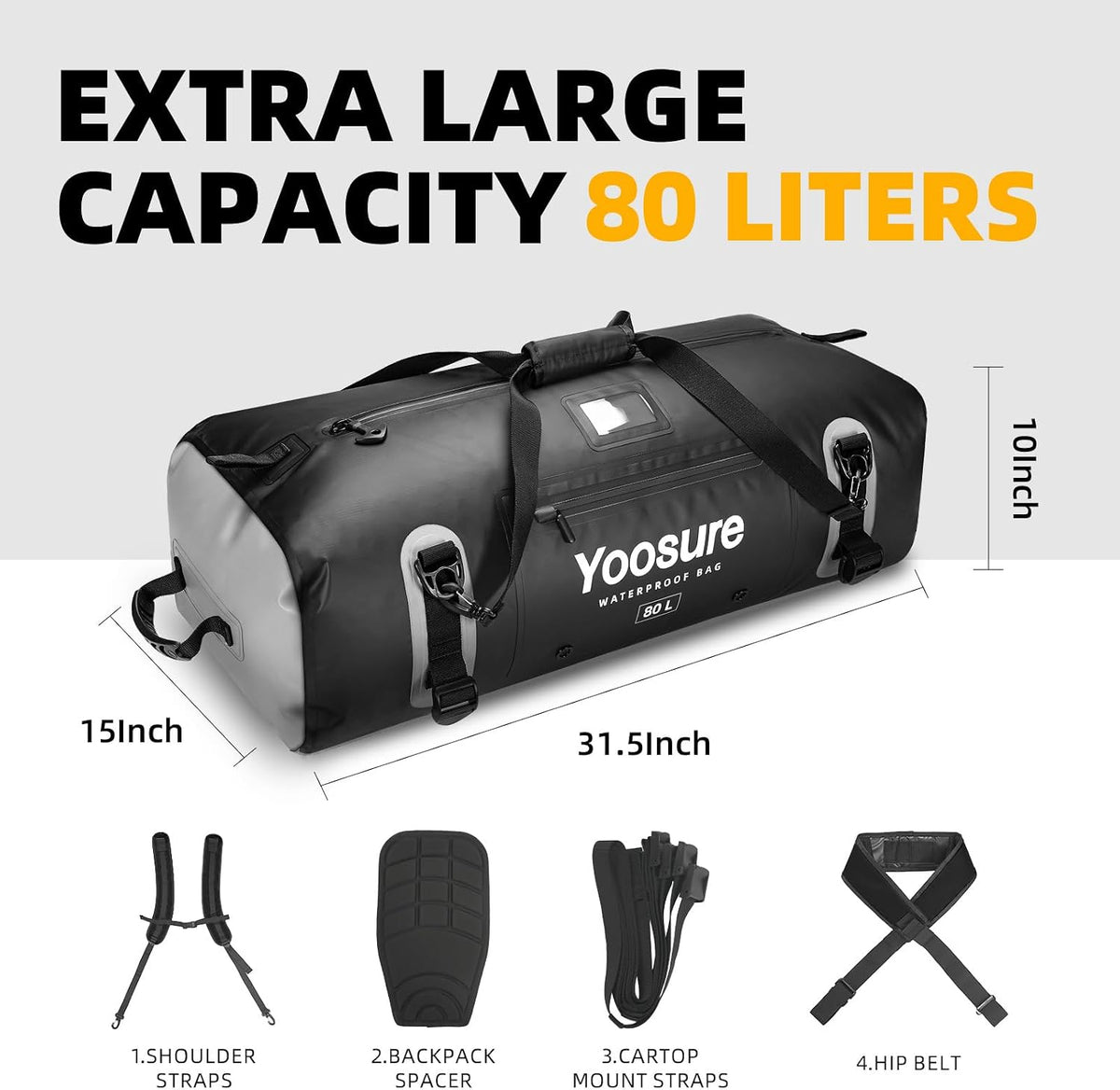 80 lt Waterproof Duffel Bag Motorcycle Dry Bag Backpack, Waterproof Zippered Bags with Backpack Spacer Pad for Kayaking Rafting Boating Canoeing Camping Paddle Beach (Black)
