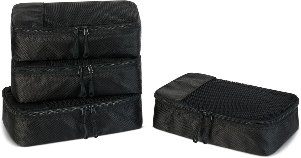 Amazon Essentials 4-Piece Space-Saving Packing Cubes Travel Accessories Set, Luggage Organizer with Double Zipper, Mesh Top, Small/Medium/Large/Slim, Black (Previously Amazon Basics)
