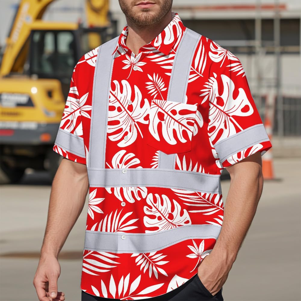 High Visibility Hawaiian Shirt for Men Tropical Shirts Custom Name Floral Outfit Reflective Safety Workwear