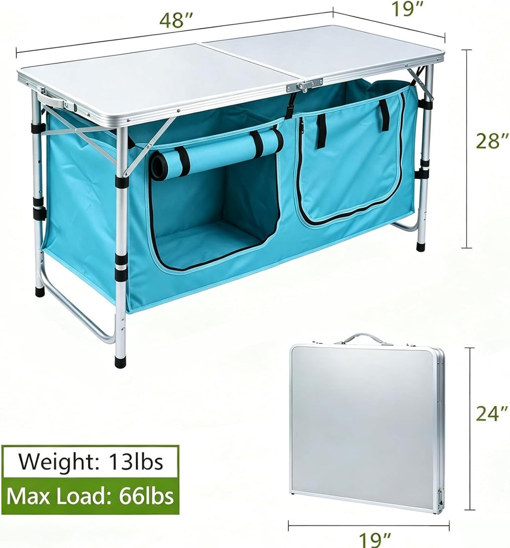 JOUYEK Camping Table, Folding Kitchen Table with Storage Sky Blue