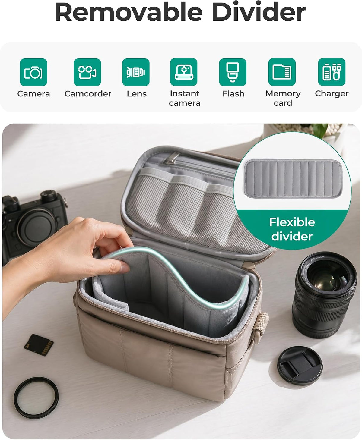 BAGSMART 2 in 1 Quilted Camera Sling Bag for Mirrorless, Charcoal Grey