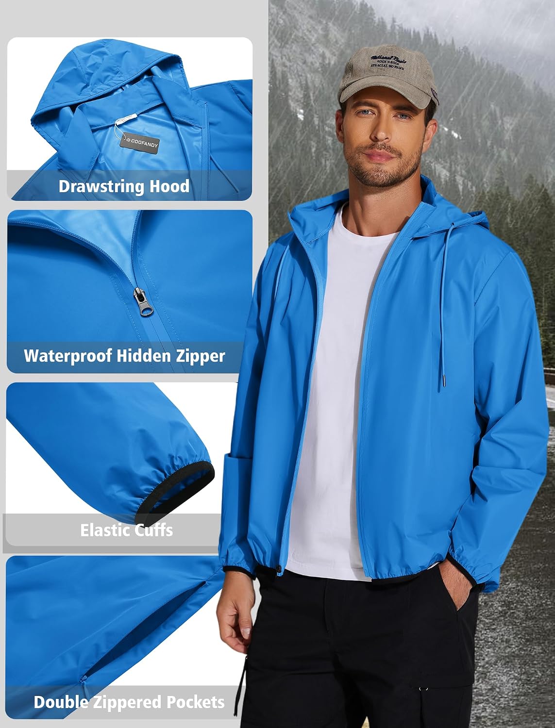 COOFANDY Men's Light Rain Jacket Packable Waterproof Raincoat Windbreaker