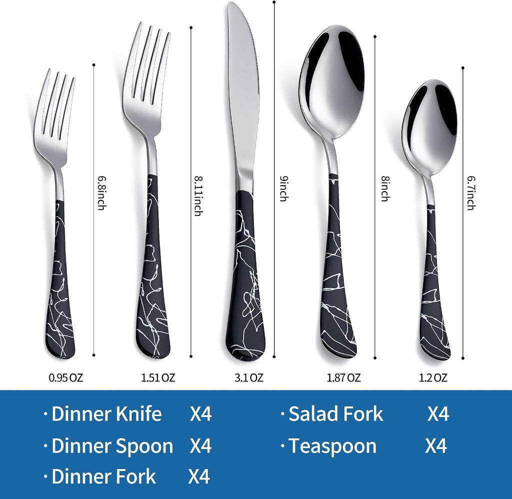20-Piece Black cracks Silverware Set 18/0 Stainless Steel Silverware Set Yellow Handle Cutlery Black Set Service for 4 Dinner Knives Forks Spoons Set Flatware Set Finish Dishwasher Safe