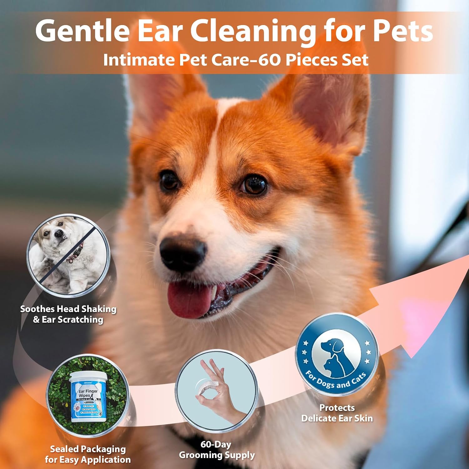 OBSEDE Ear Finger Wipes for Dogs & Cats, 120 Count, Alcohol Free Pet Care