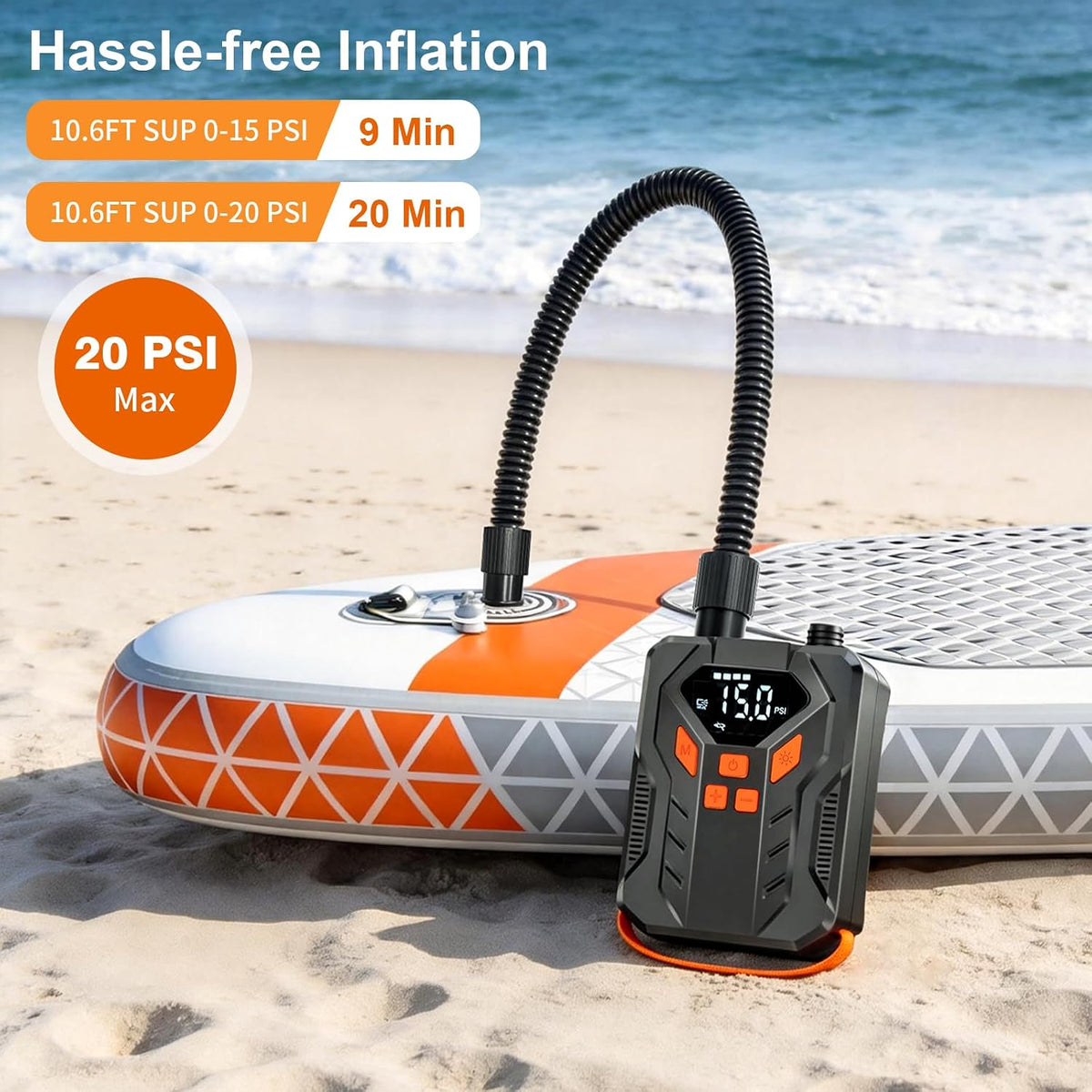 Rechargeable 20PSI Electric Paddle Board Pump, Inflation & Deflation