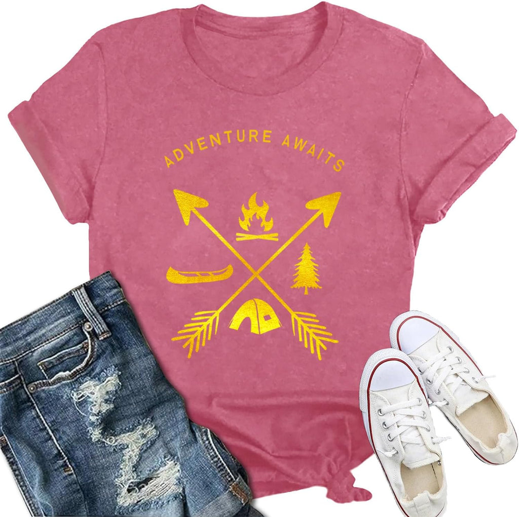 Womens Adventure Awaits Shirts Outdoor Lifestyle Camping Hiking T-Shirt Nature Travel Camp Life Tee