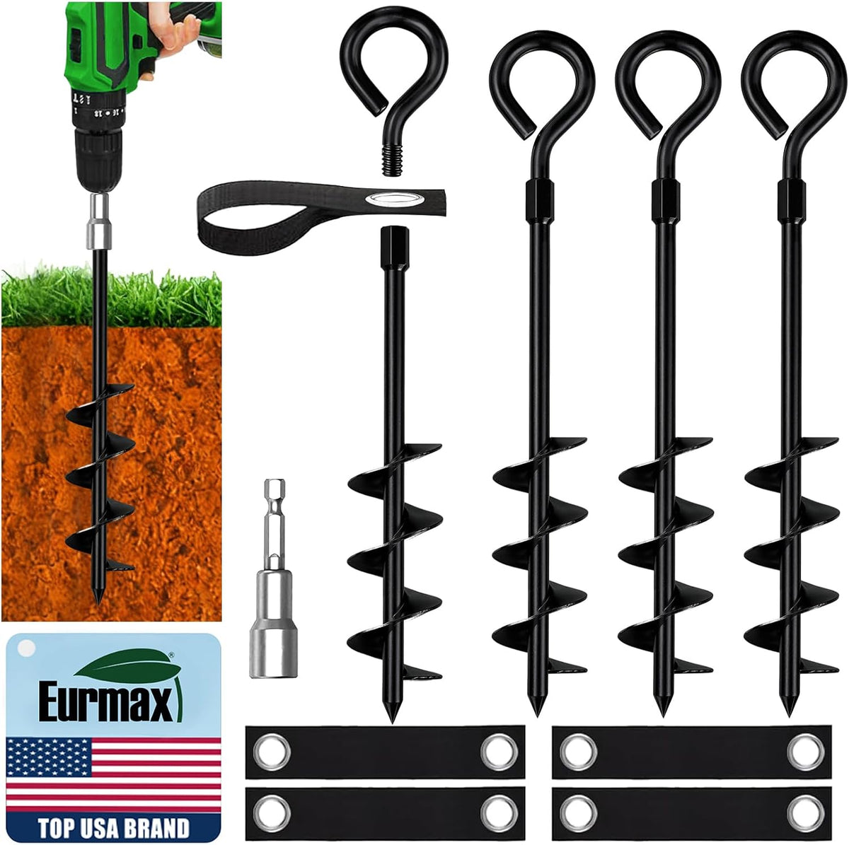 Eurmax USA 4 Pack Heavy Duty Ground Stakes&Anchors,Commercial Spiral Screw-in Trampoline Stakes with Reinforced Tie-Down Straps,High Wind Stabilizing Kit for Canopies,Outdoor Sheds,Swing Sets(Black)