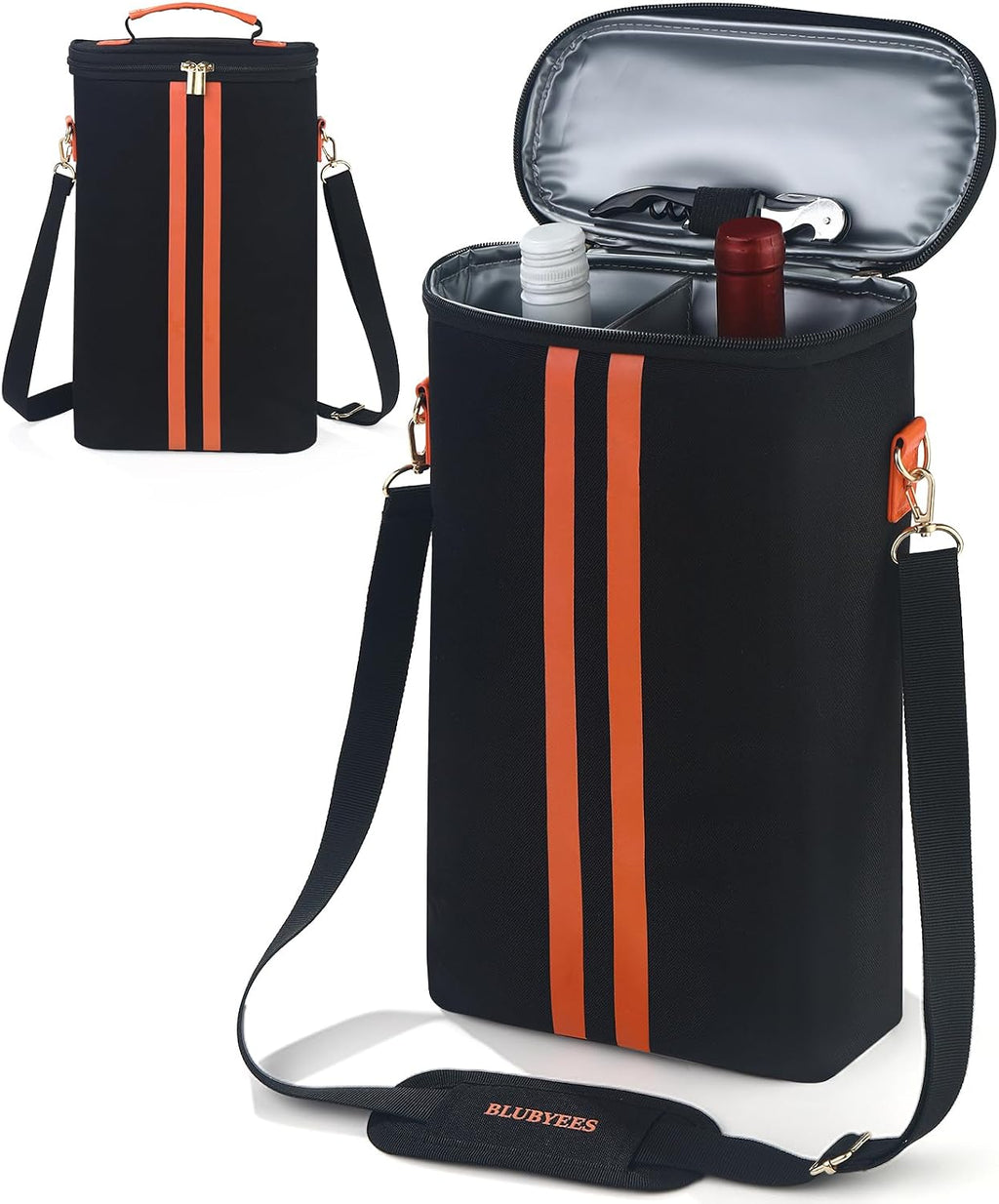 BLUBYEES 2-Bottle Insulated Wine Carrier Tote - Leakproof Padded 900D Oxford Wine Cooler Bag for Travel, Picnics, Beach & Parties - Ideal Wine Gift for Wine Lovers
