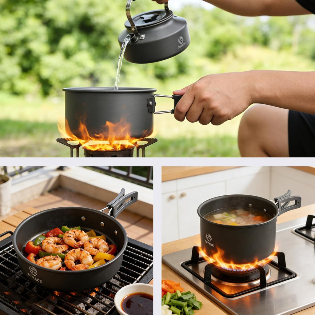 Camping Cookware Set 17 pcs Camping Cooking 0.30G Kettle 0.45G Pot 7 in Pan and 2pcs Stainless Steel Cups Plates Forks Knives Spoons Bag for 1-2 People Backpacking Hiking Picnic