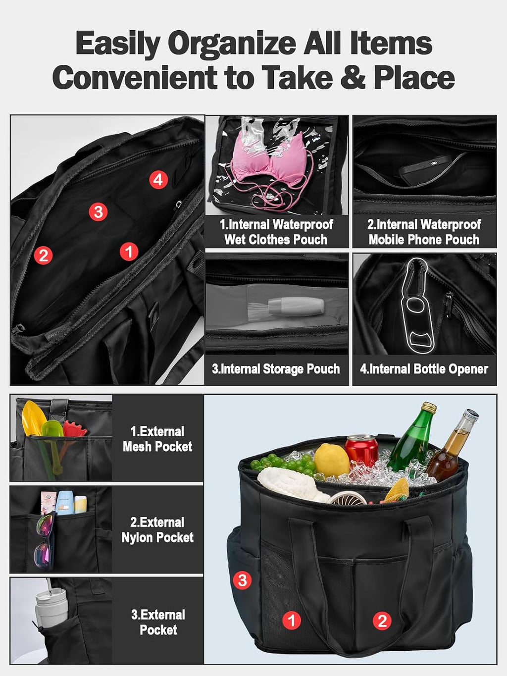 Odoland 2-in-1 Beach Cooler Bag-24 Can + 13L Dry Storage 12H Insulated