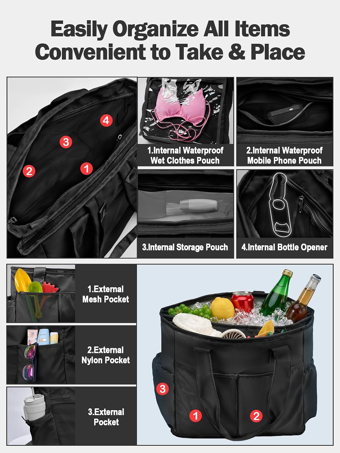 Odoland 2-in-1 Beach Cooler Bag-24 Can + 13L Dry Storage 12H Insulated