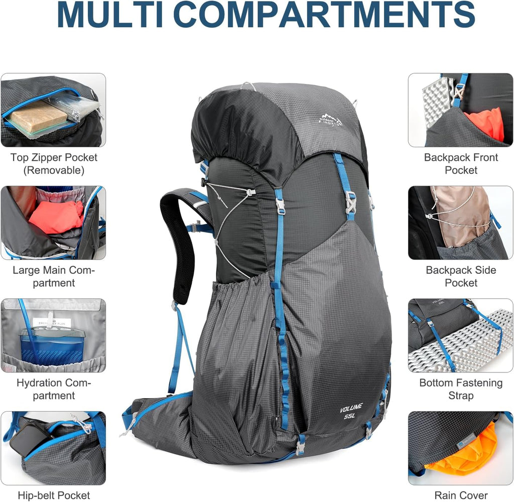 IX INOXTO 55L Internal Frame Waterproof Hiking Camping Backpack with 3L Water Bladder and Rain Cover, Large Lightweight Travel Daypack Rucksack for Climbing (Dark Gray)