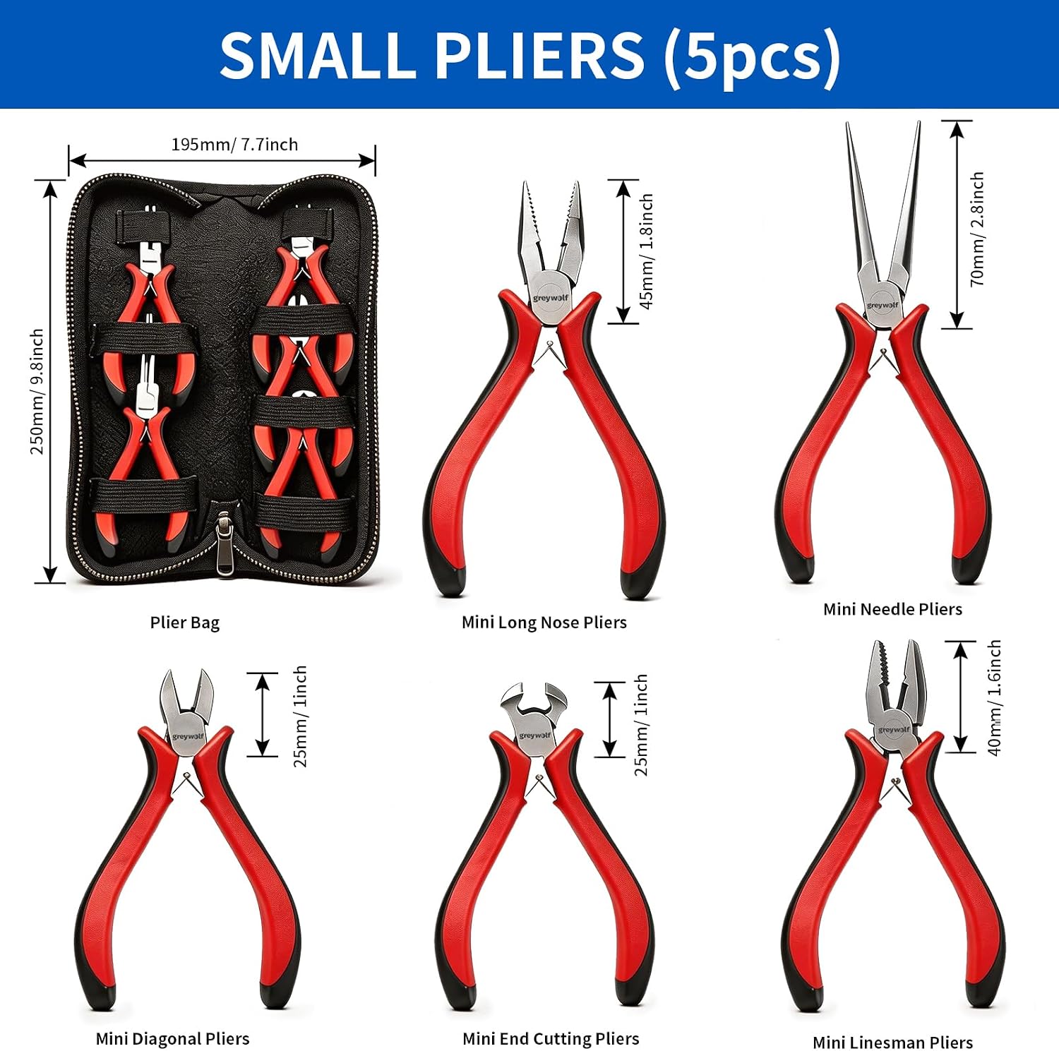 5 pcs mini pliers set, small pliers set includes pointed nose, long nose, oblique nose, flat nose and wire cutters with storage bag, suitable for electronic repair and jewelry, DIY tools