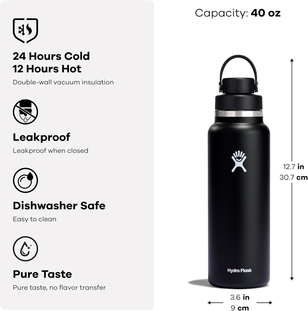 Hydro Flask Water Bottle - Insulated Stainless Steel - Wide Mouth Chug Lid, Non Spill, Leakproof in 40 Oz Tonal Birch Gray