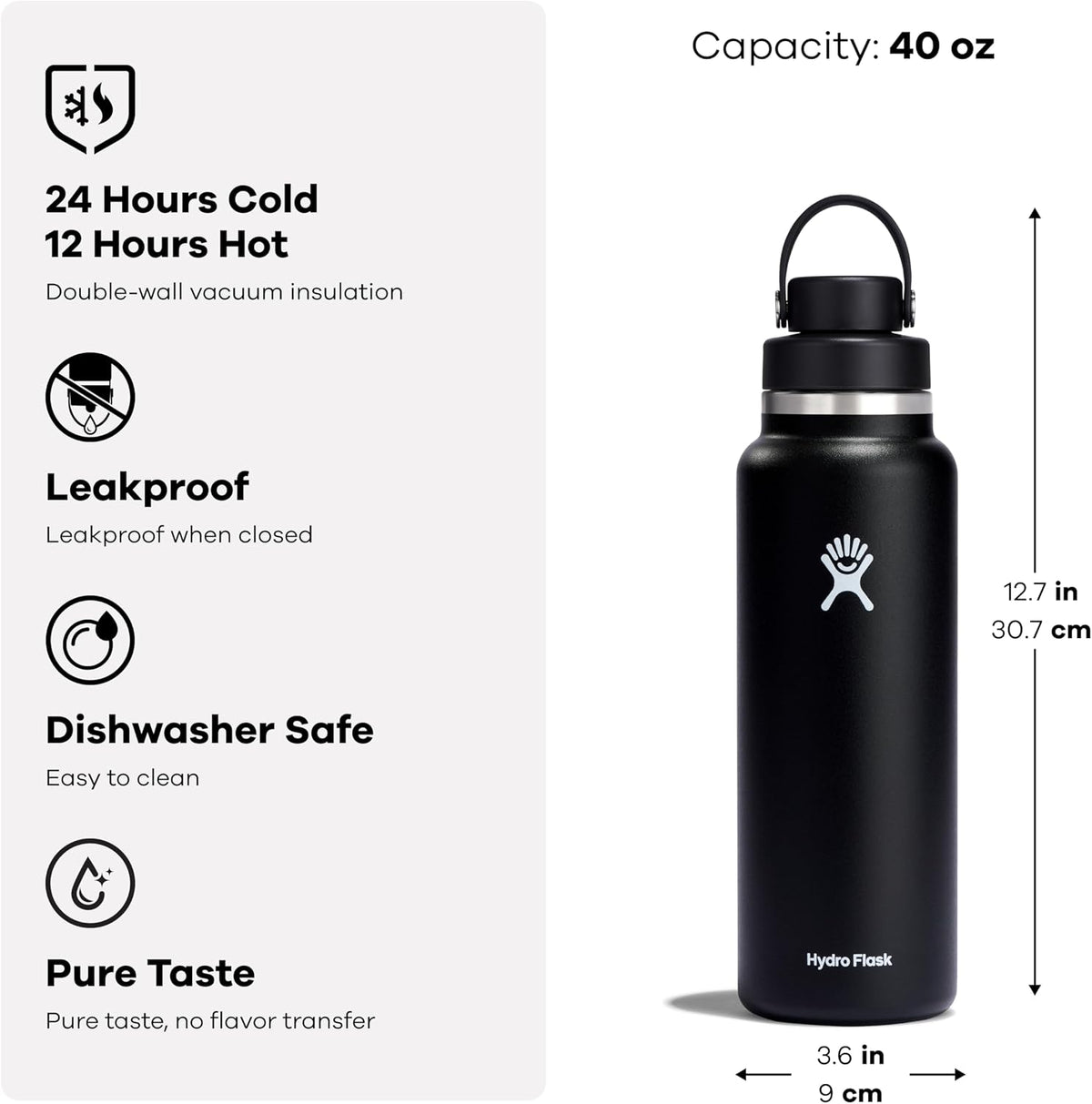Hydro Flask Water Bottle - Insulated Stainless Steel - Wide Mouth Chug Lid, Non Spill, Leakproof in 40 Oz Tonal Birch Gray