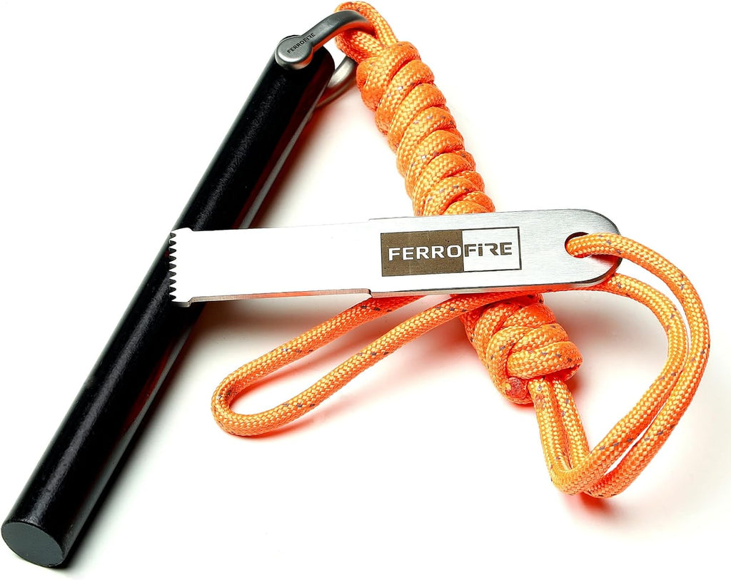 FS125 Heavy-Duty Plus Fire Starter - 1/2 Inch Thick x 5 Inch Long Ferrocerium Rod with Magnesium, Superb Carbon Alloy Steel Striker & 550 Paracord for Camping, Survival, Emergency Kits