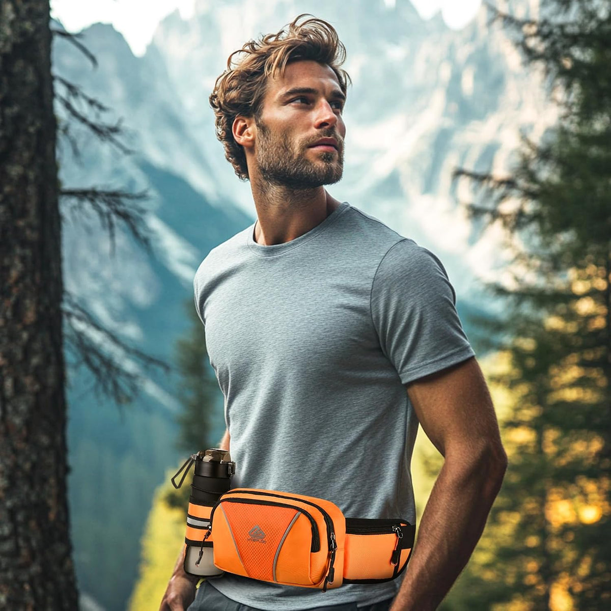 Fanny Pack for Men Women Waist Bag with Water Bottle Holder for Hiking, Travel,Dog Walking, Workout (Orange)