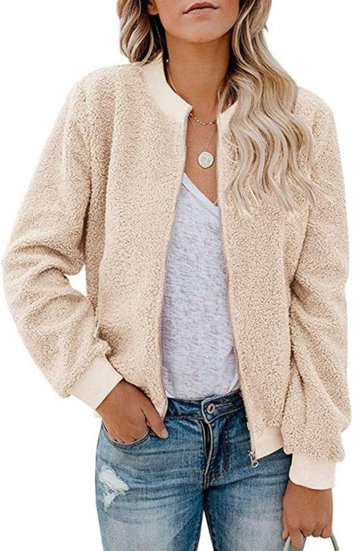 MIROL Women's Fall Fleece Bomber Jacket Trendy Sherpa Winter Coat Fuzzy Casual Long Sleeve Zip Up Loose Fit Jackets