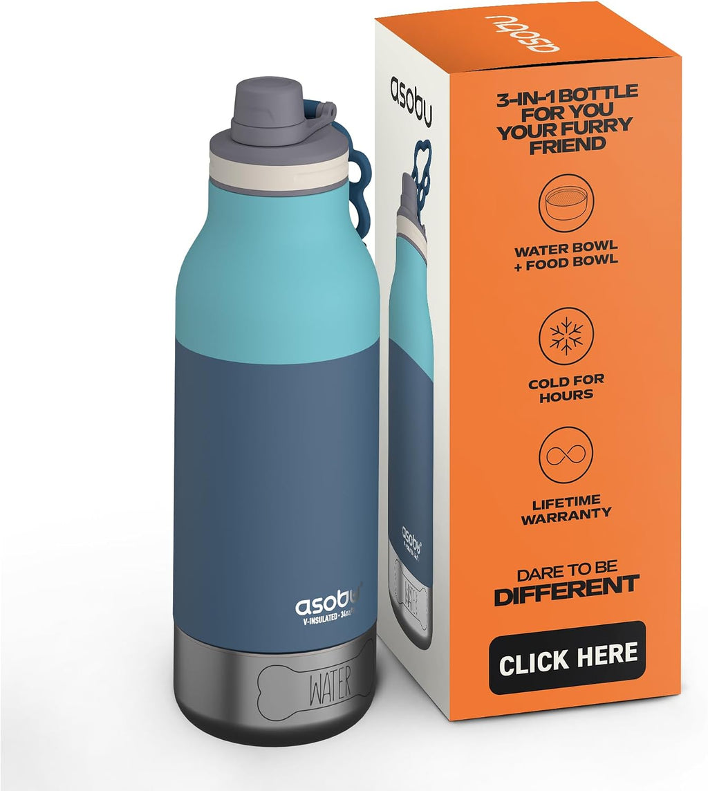 asobu Dog Barky Bottle – Insulated Stainless Steel Water Bottle with 2 Removable Dog Bowls for Food, Treats & Water – Pet-Friendly Travel Bottle for Hiking, Road Trips & Outdoor Adventures