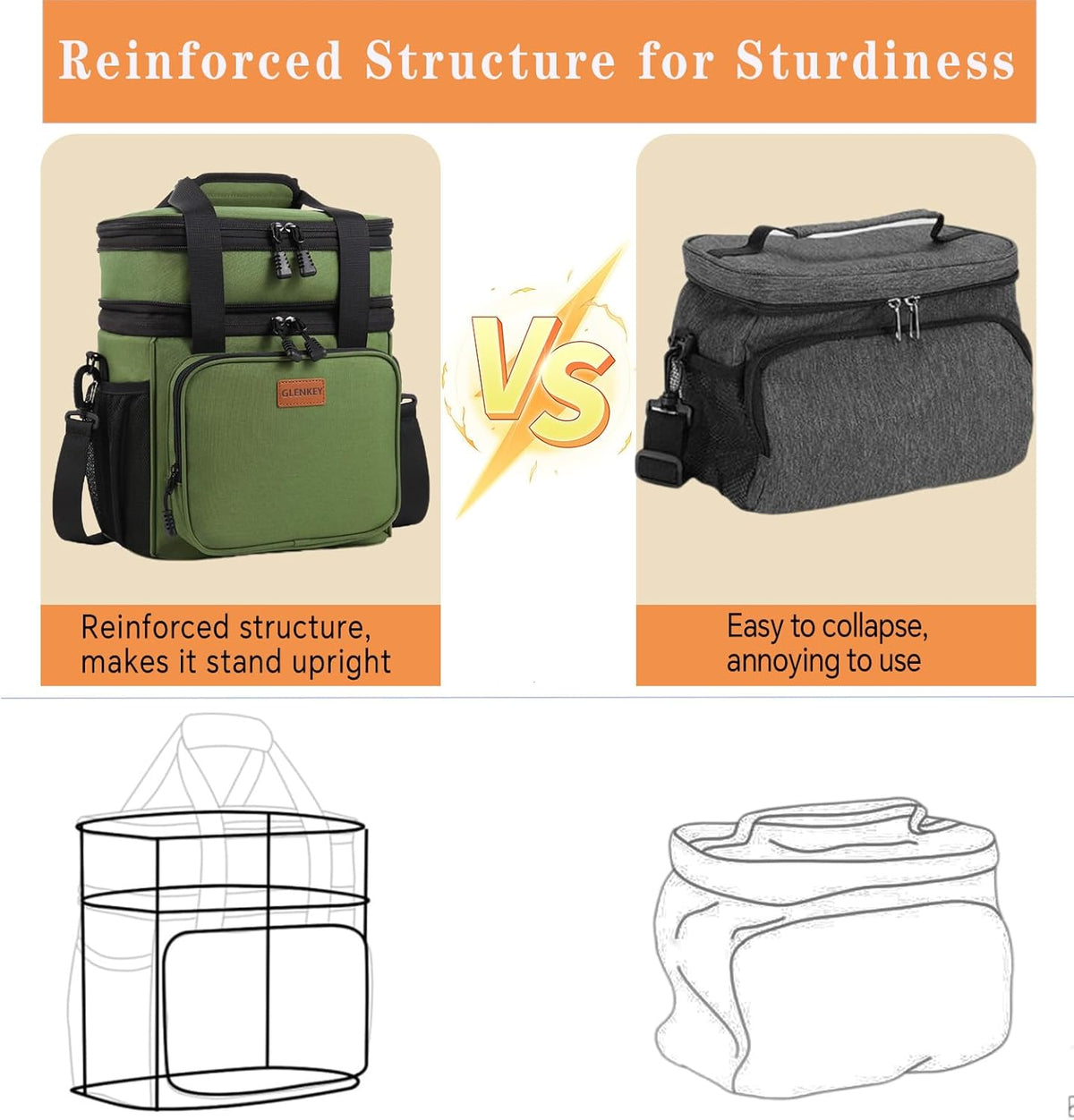 GLENKEY Expandable Lunch Box Insulated Leakproof Cooler Bag Work Outdoor