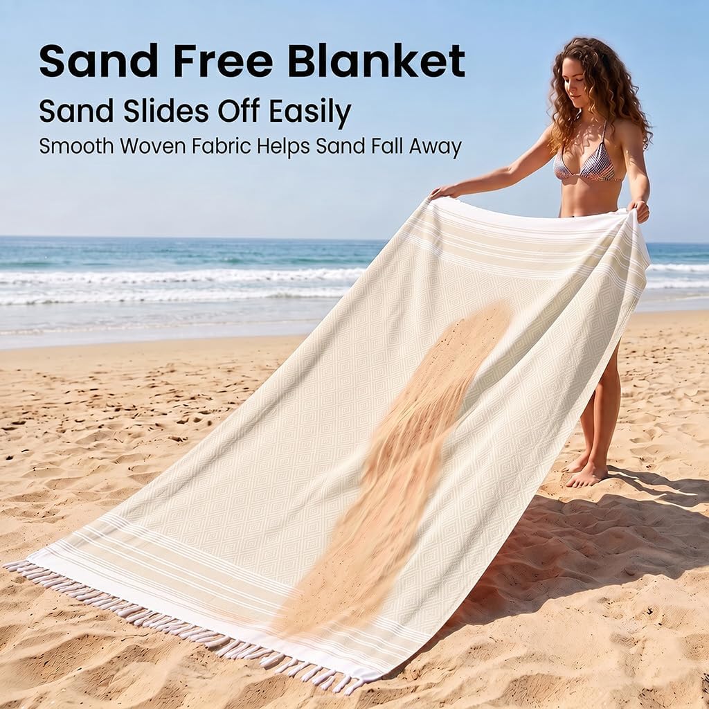 Yongoes Turkish Beach Towel Blanket Oversized 82x88 Beige Boho