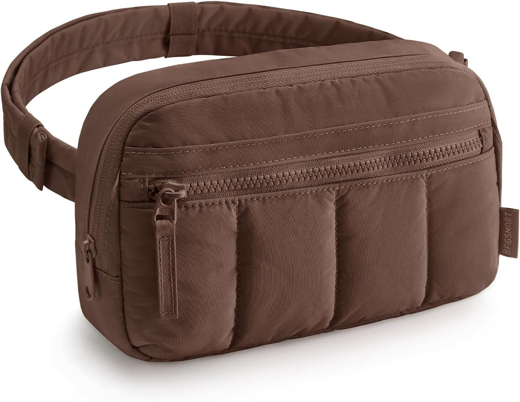 BAGSMART Fanny Packs for Women Cross Body, Quilted Puffy Belt Bag with Pockets, Fashion Waist Packs for Traveling Hiking, Chocolate