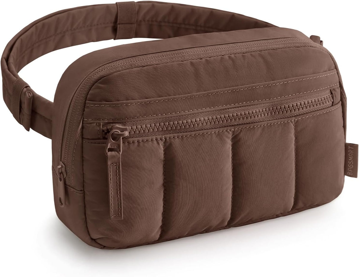BAGSMART Fanny Packs for Women Cross Body, Quilted Puffy Belt Bag with Pockets, Fashion Waist Packs for Traveling Hiking, Chocolate