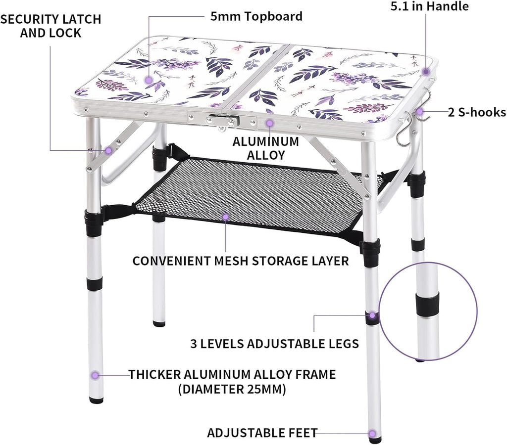 Yriuat Folding Camping Table 2ft Portable Picnic Table, Misty Lilac