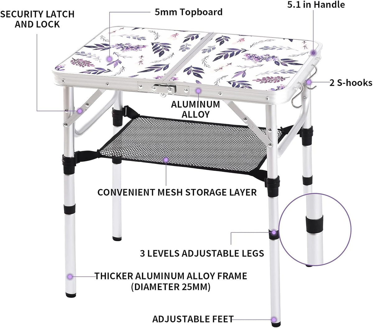 Yriuat Folding Camping Table 2ft Portable Picnic Table, Misty Lilac