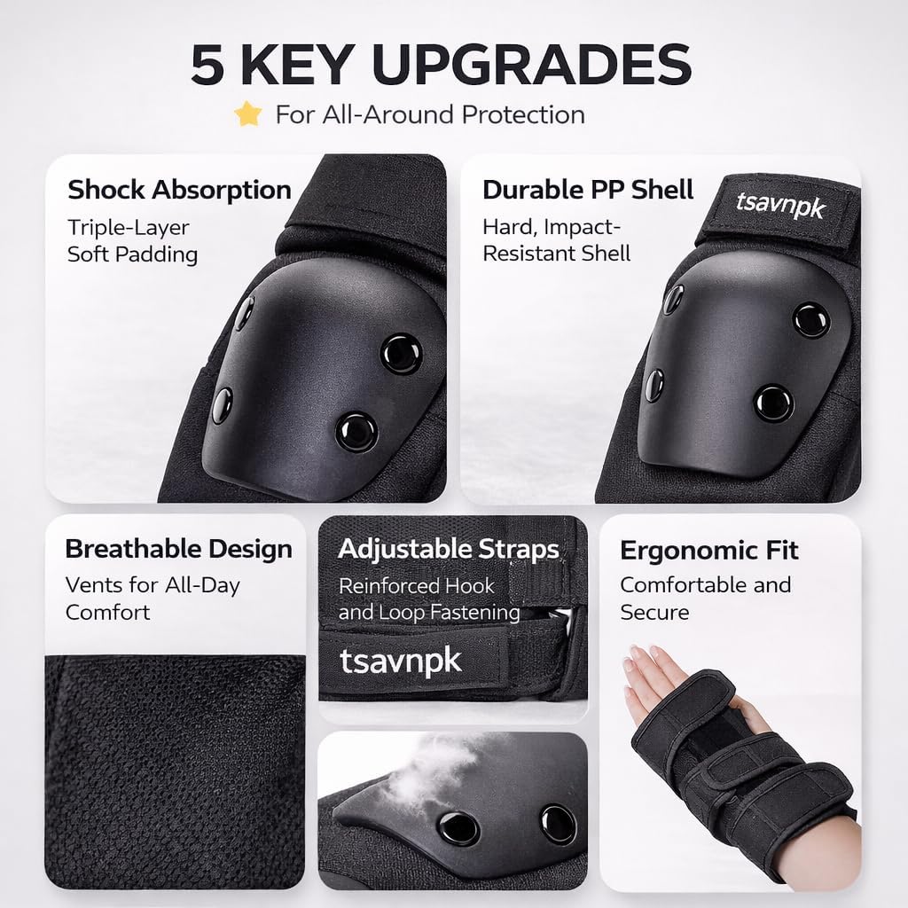 Adult Knee and Elbow Pads Set with Wrist Guards,Protective Gear for Skating