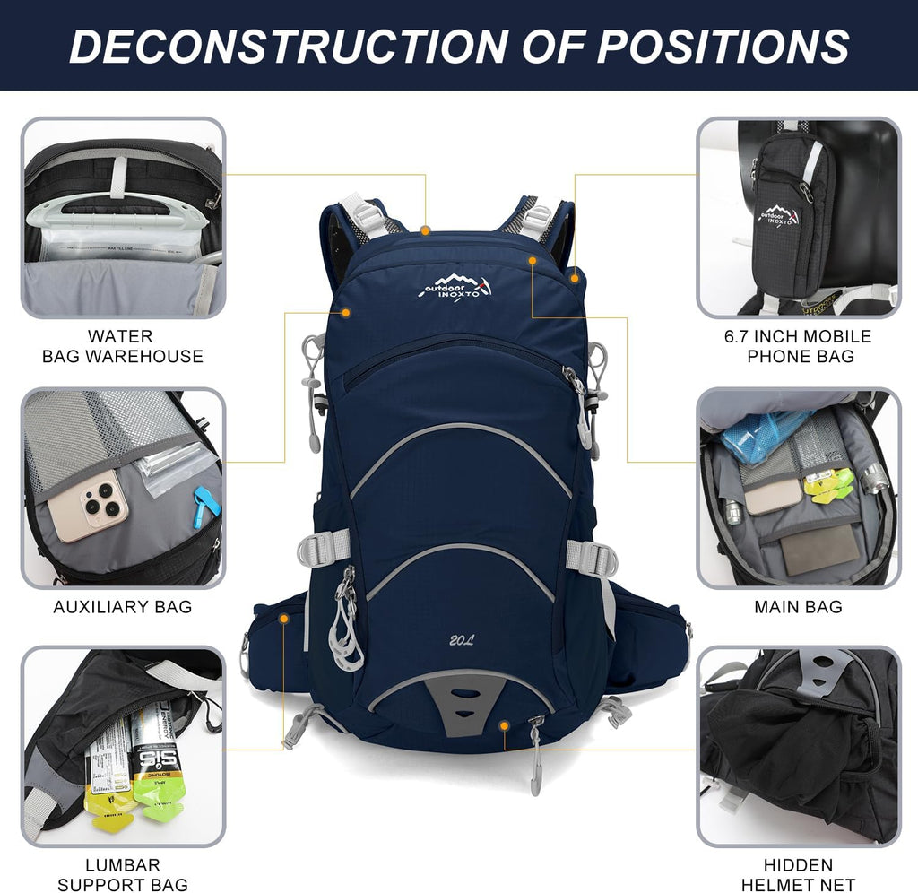 IX INOXTO 20L Hydration Backpack, Waterproof Hiking Internal Frame Backpacks with 2L Hydration Water Bladder and Rain Cover for Men, Lightweight Travel Daypack for Cycling,Camping,Ski (dark blue)
