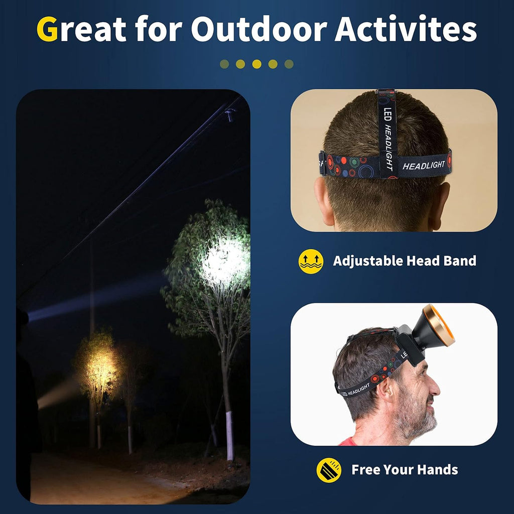Super Bright Coon Hunting Light, Rechargeable LED Headlamp with 2 Light Modes, Waterproof Adjustable Hard Hat Headlight, Gold Miner Style Torch for Hunting, Fishing, Hiking, Camping, Outdoor Adventure