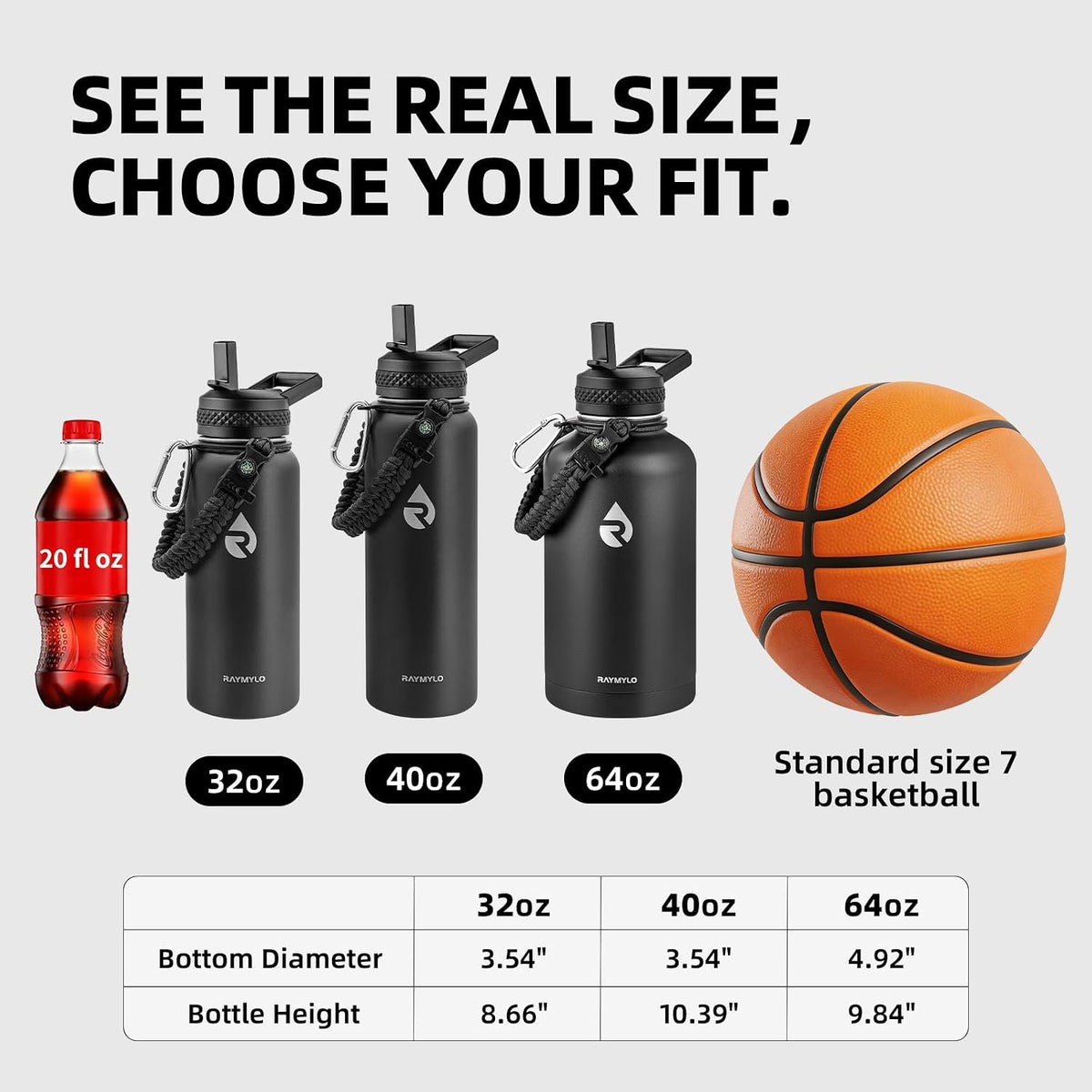 RAYMYLO Insulated Water Bottle 40 oz, Triple Wall Vacuum Stainless Steel