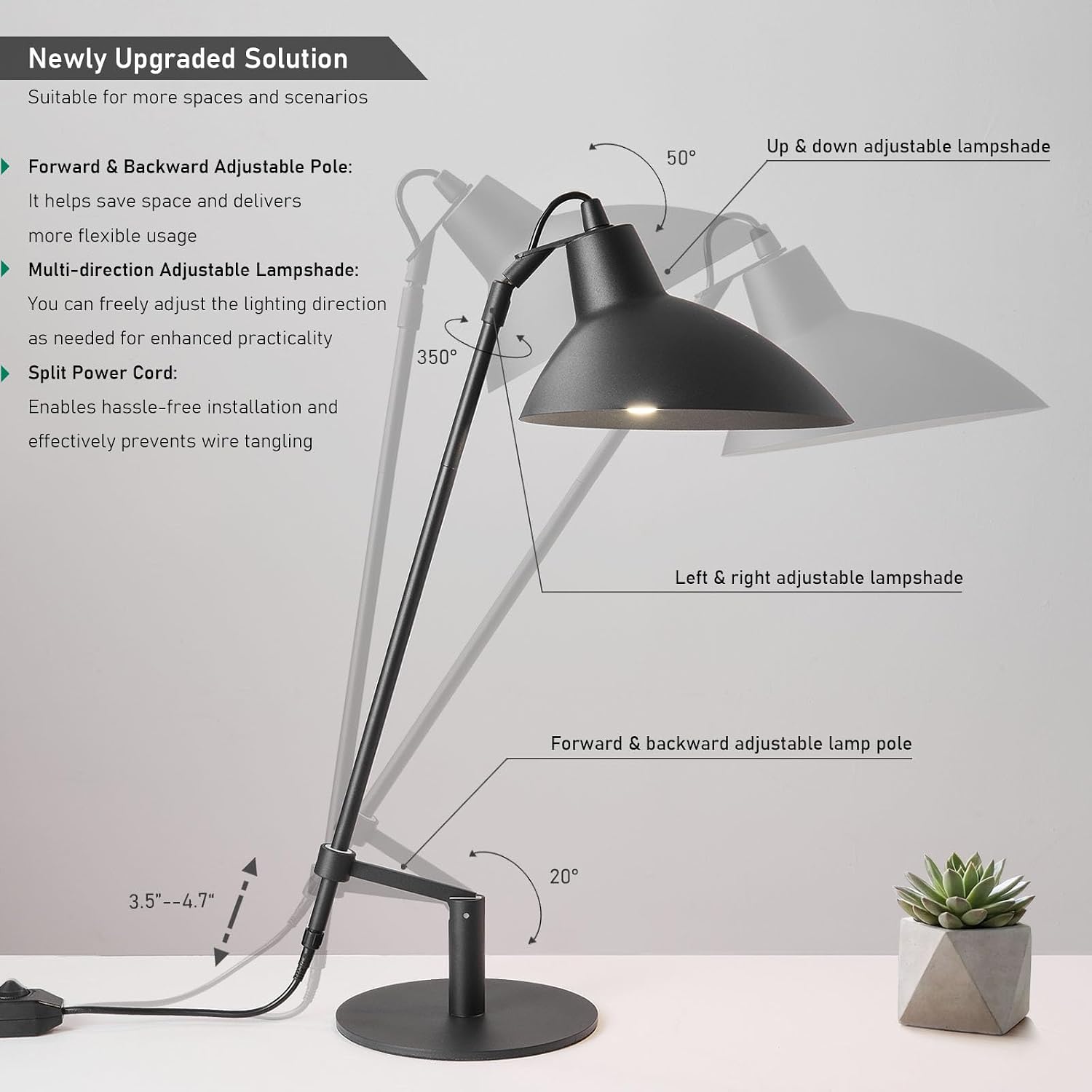 Desk Lamp Modern Industrial 100% Metal Adjustable Table Lamp 24", Natural Light (4000K) with Dimmer, Ideal for Office Bedroom Study Room Living Room Nightstand Bedside Lamps Sand Black