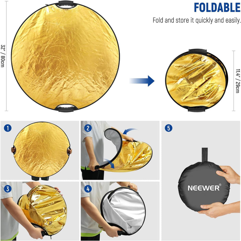 NEEWER 32"/80cm 5 in 1 Light Reflector with Clamp & Hand Grips, RF-80II