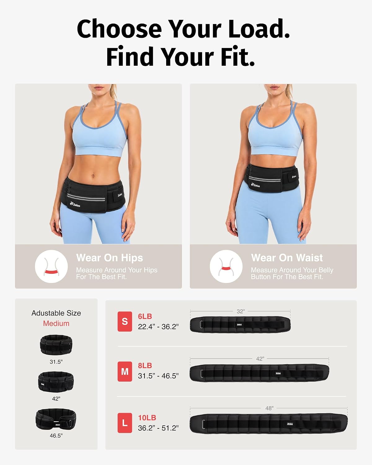 ZELUS Weighted Belt for Women Men, 6/8/10lb Z-Fit Adjustable Weighted Belt