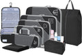 9-Set Packing Cubes with Hanging Bag | 9-Size Combination, Mesh Fabric & Reflective Stripe | Travel Luggage Organizers (Black)