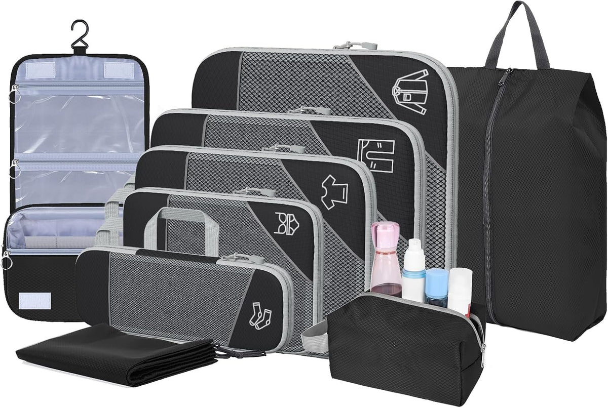 9-Set Packing Cubes with Hanging Bag | 9-Size Combination, Mesh Fabric & Reflective Stripe | Travel Luggage Organizers (Black)