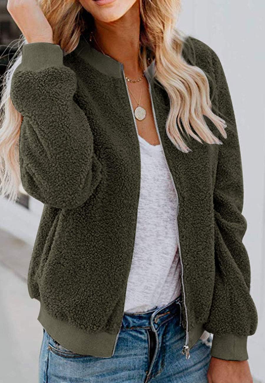 MIROL Women's Fall Fleece Bomber Jacket Trendy Sherpa Winter Coat Fuzzy Casual Long Sleeve Zip Up Loose Fit Jackets