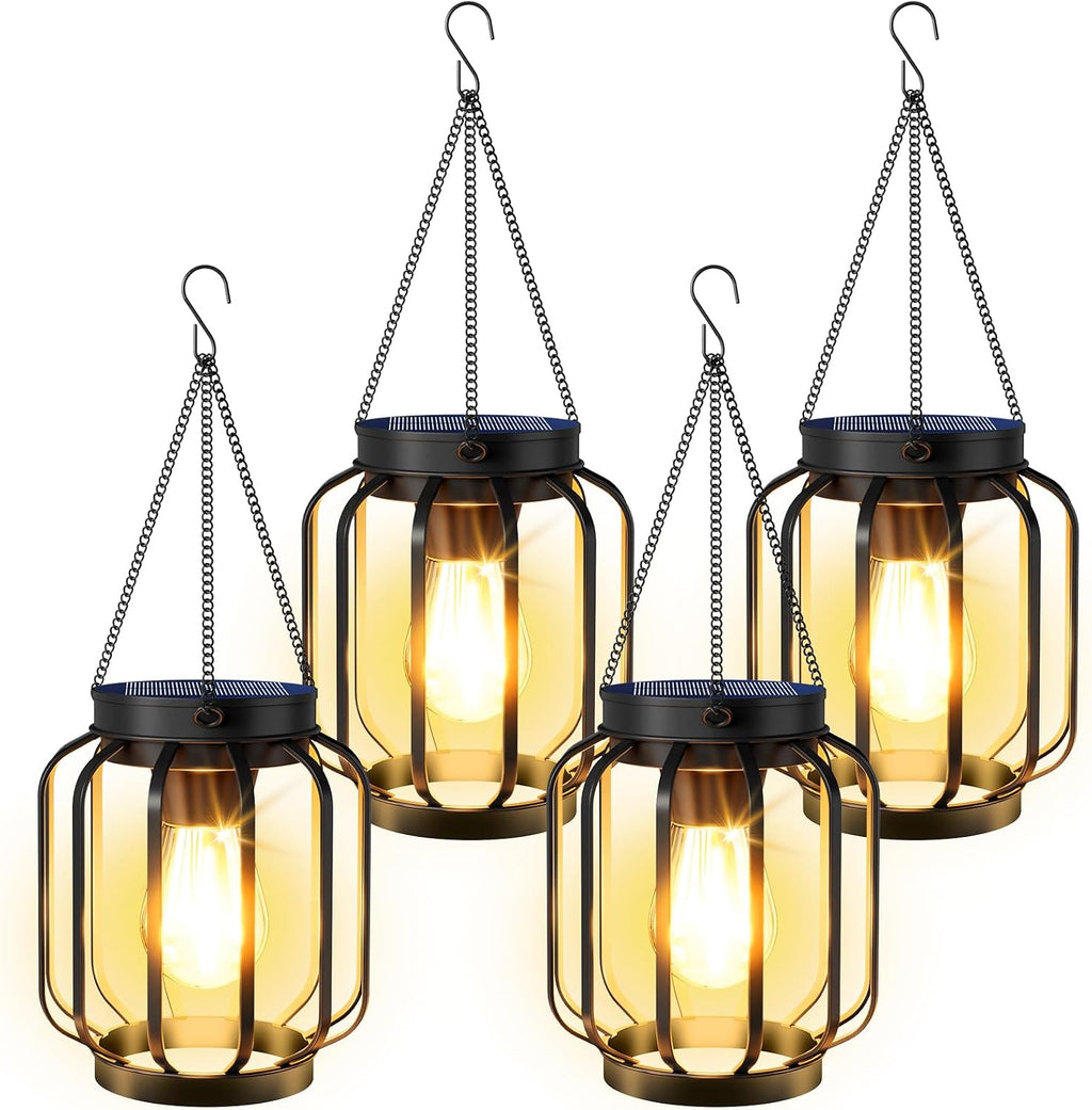 Solar Lanterns Outdoor Waterproof Metal Hanging Solar Lantern, 4 Pack