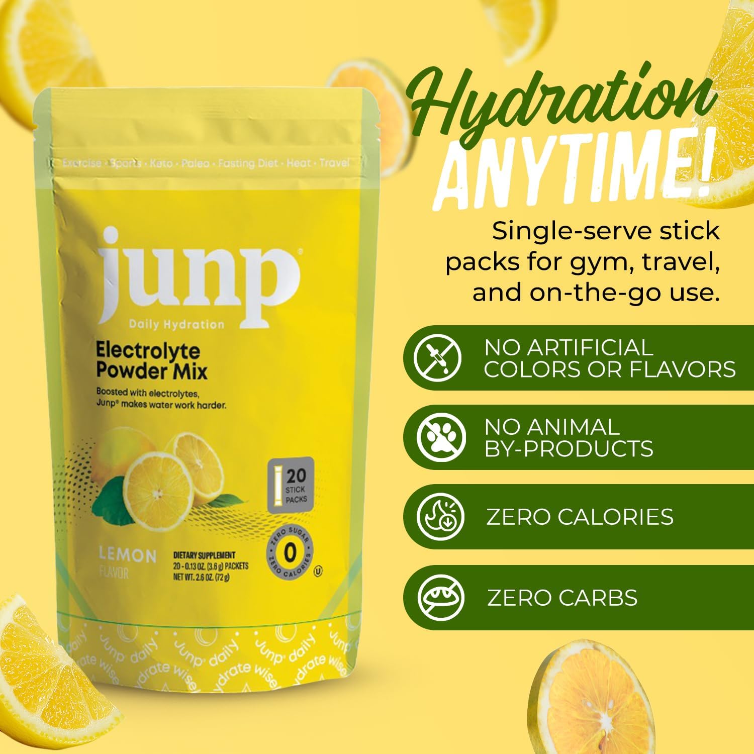 JUNP Sugar Free Electrolytes Powder Packets for Water Instant Hydration Packets with Salt & Potassium, Zero Calorie, No Carbs, No Sugar Electrolyte Drink Mix Sticks, Keto Friendly, Lemonade 20 Pack