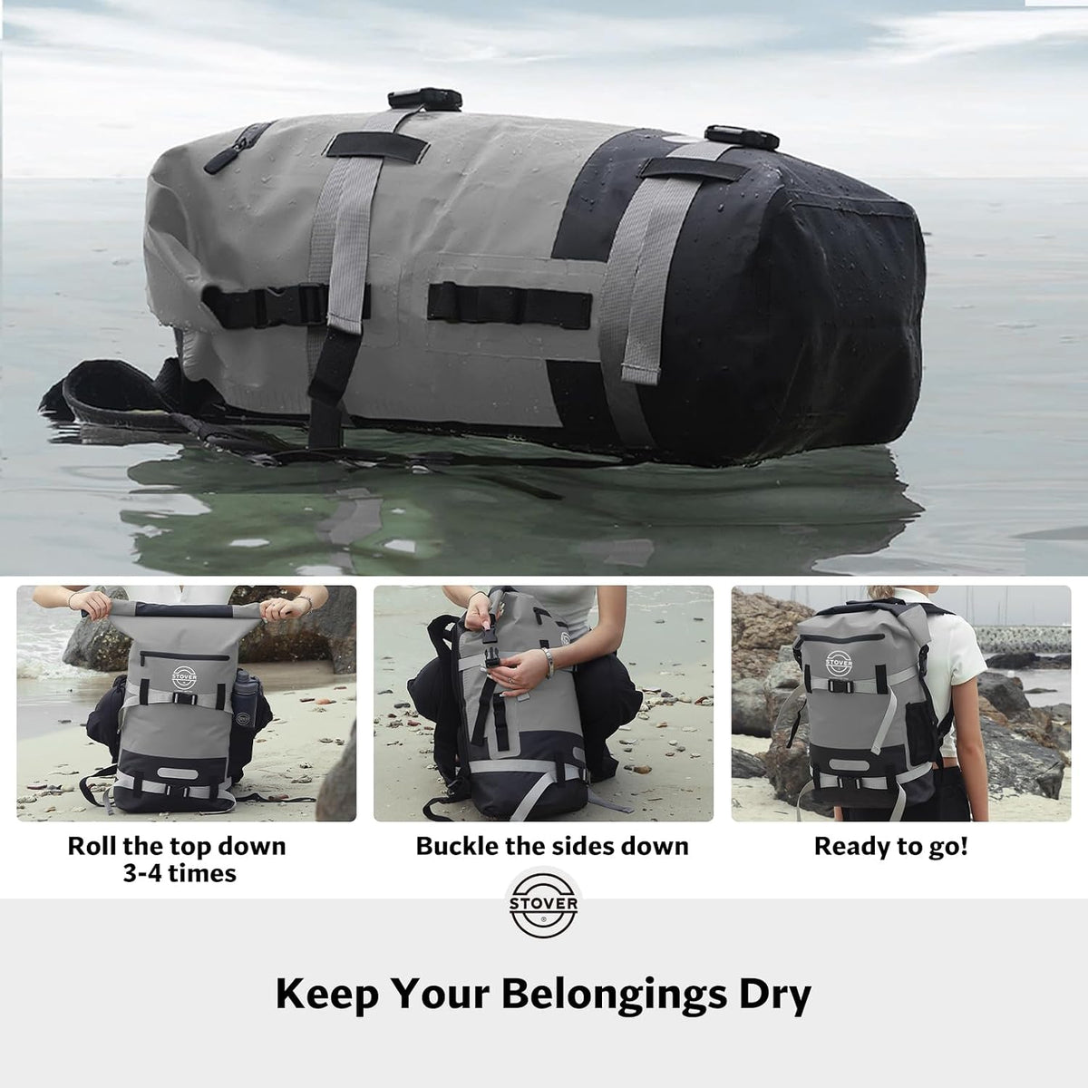 STOVER 30/40/55L Waterproof Dry Backpack & Phone Case- X-Large Floating Dry Bag for Kayaking, Travel, Hiking, Fishing, Camping, Motorcycles & Beach, Heavy-Duty Roll Top Men/Women (Grey)