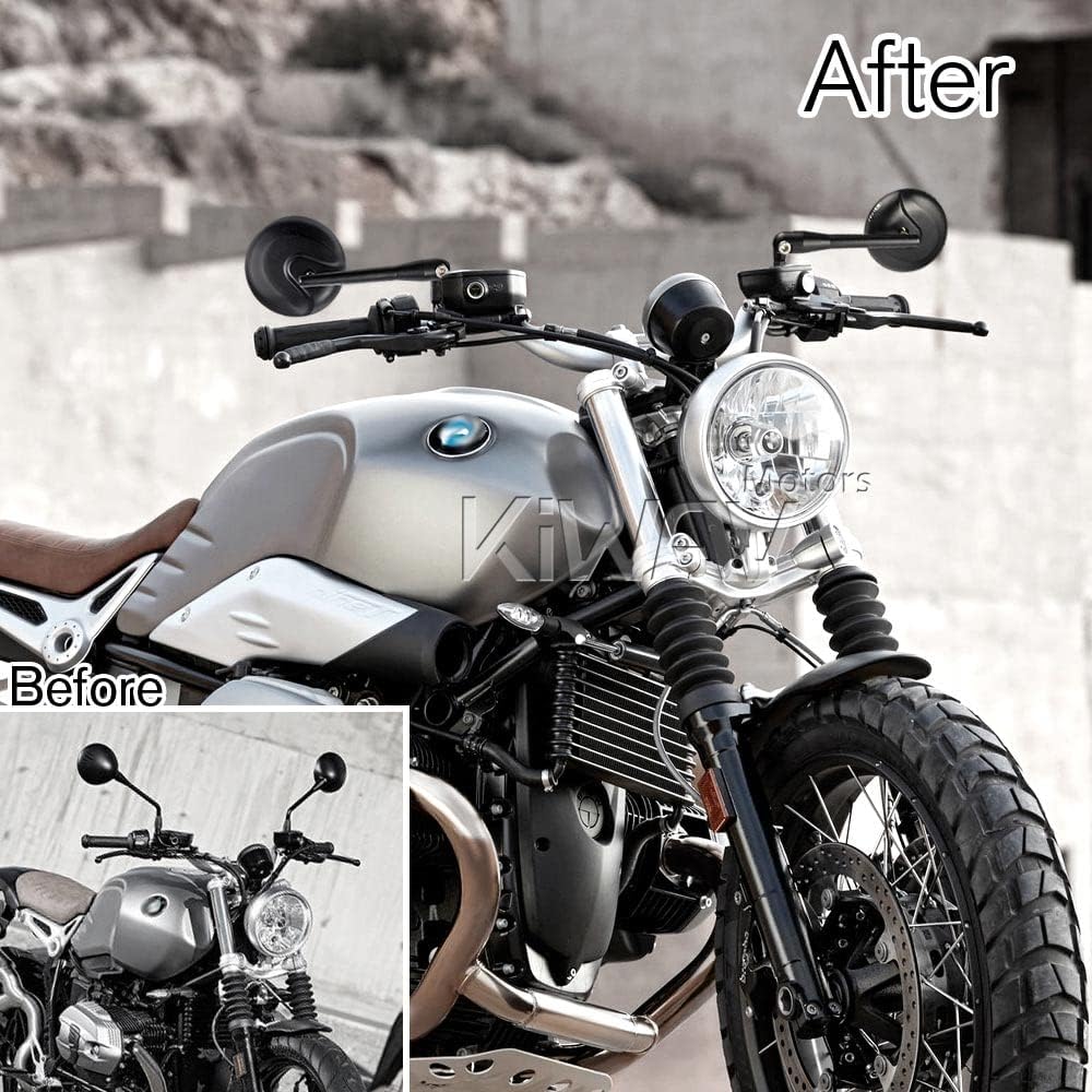 KiWAV Magazi Motorcycle Mirrors Aluminum Retro Black compatible for BMW M10 x 1.5 Adapters