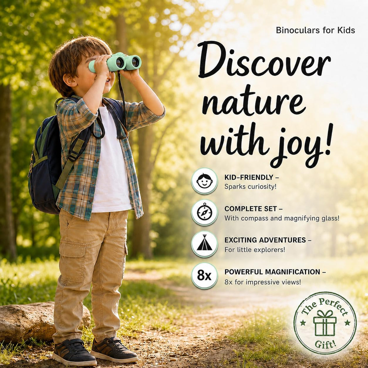 Binoculars for Kids – Perfect Toy for Little Boys and Girls – Extensive Set Incl. Magnifying Glass & Compass – Powerful Magnification 8X21 – 3 to 12 Year Old Kids for Toddler
