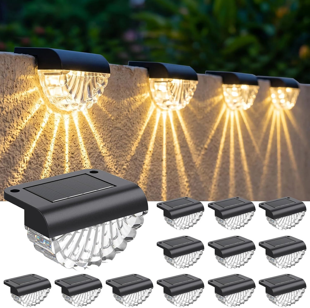 Greluna Solar Fence Lights Outdoor, 12 Pack Waterproof Deck Lights, Auto Dusk to Dawn Step Lights with Warm White Glow, Easy Install for Fence, Patio, Stairs, Pathway, Garden Lighting