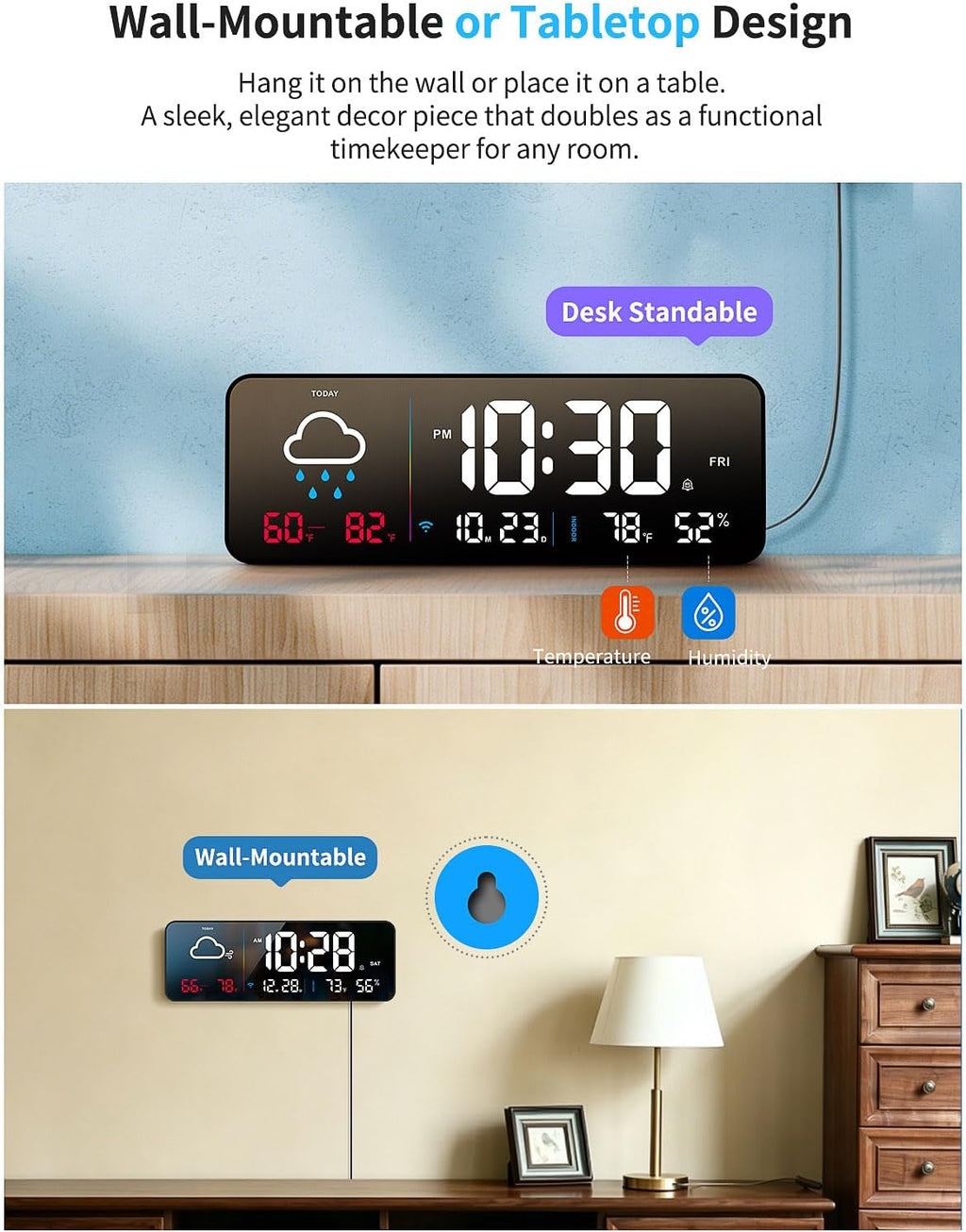 Digital Wall Clock, Digital Clock Large Display with Network Auto-Synced, Corded Smart LED Alarm Clocks Real-Time Shows Weather, Indoor/Outdoor Temp Humidity for Living Room Bedroom Classroom Office